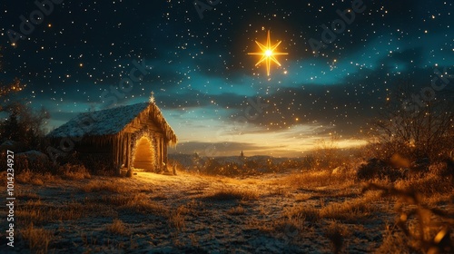 The star shines over the manger of Christmas of Jesus Christ. Concept. Generative AI.