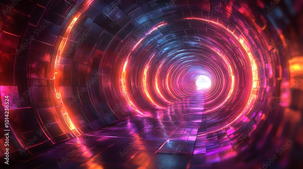 Colorful tunnel of light with abstract design, creating a futuristic atmosphere. Colorful tunnel of light with abstract design, creating a futuristic atmosphere.