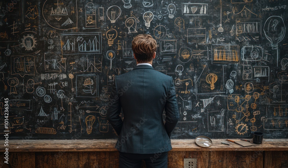 Man Contemplating Ideas on Blackboard Man Contemplating Ideas on Blackboard