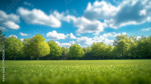 Bright green grass and vibrant trees under a partly cloudy sky on a sunny day in a park