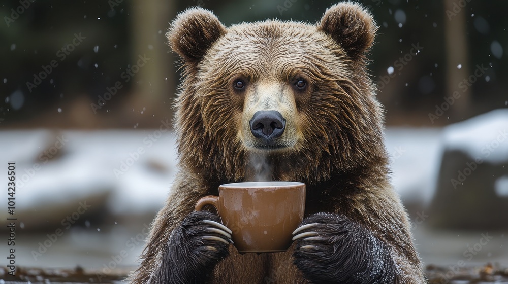 Obraz premium brown bear drinking coffee