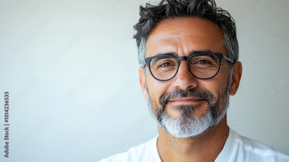 Fototapeta premium Close-up portrait of a mature middle-aged man, a freelancer or entrepreneur, isolated on a white background. A smiley, good-looking, 40-year-old Latin Hispanic businessman faces the camera.