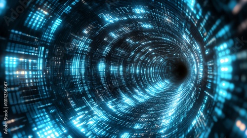 Digital tunnel with glowing blue lights, abstract technology concept