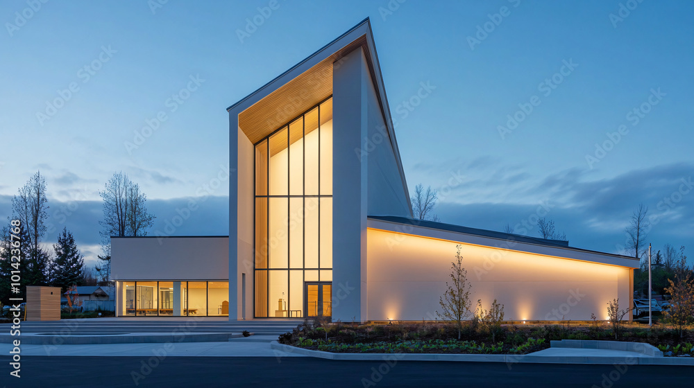 Obraz premium A modern church with minimalist design, large glass windows, and open spaces, symbolizing contemporary worship practices.
