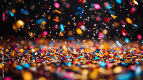Colorful confetti falling against a black background.