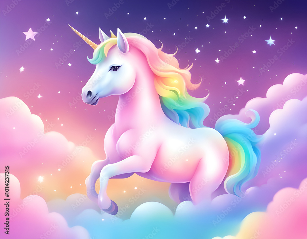 Fototapeta premium Rainbow unicorn pastel background with glitter stars.