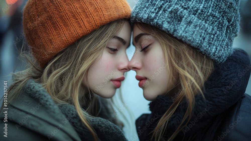 portrait of two young women walking and kissing portrait of two young women walking and kissing