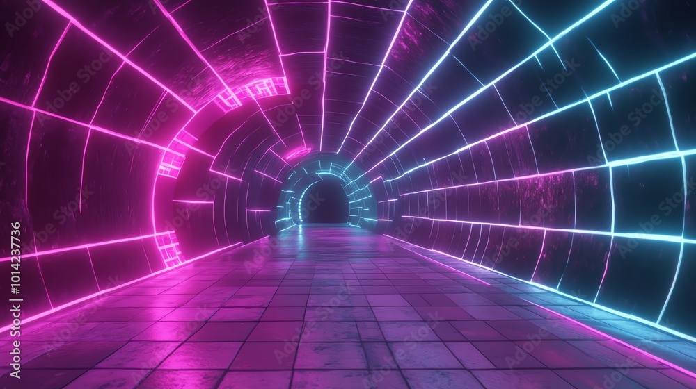 Futuristic neon tunnel with glowing lights and reflections, dark environment.