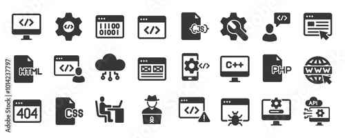 Programming glyph solid icons collection. Containing coding, binary, development, software, website. Minimal icon and symbol series vector illustration