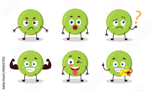 funny pea cartoon with different expressions character vector illustration