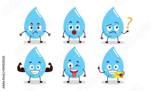 funny water drop cartoon with different expressions character vector illustration