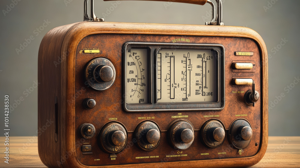 Fototapeta premium Vintage wooden radio with dials and gauges, showcasing a classic design and nostalgic appeal, sitting on a wooden surface against a neutral background.
