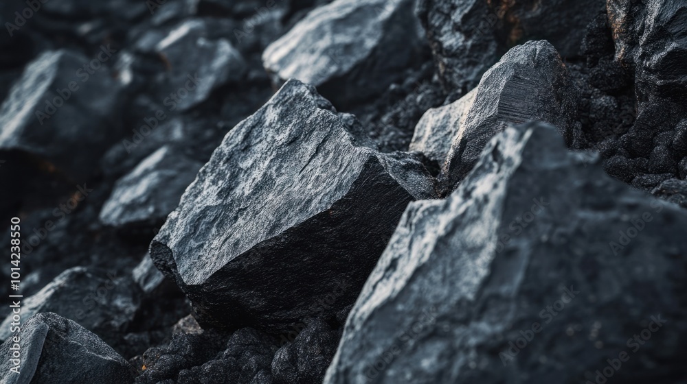 Lava rocks in a volcanic landscape, with sharp, jagged edges and dark colors