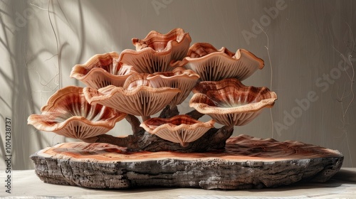 Vibrant cluster of earthy toned mushrooms growing amidst fallen leaves and weathered wood in a natural forest setting  The organic forms and textures create a captivating still life composition photo