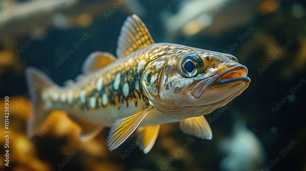 A close-up of a colorful fish swimming underwater.