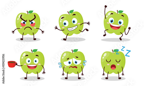 funny green apple cartoon character with various pose activity vector illustration photo