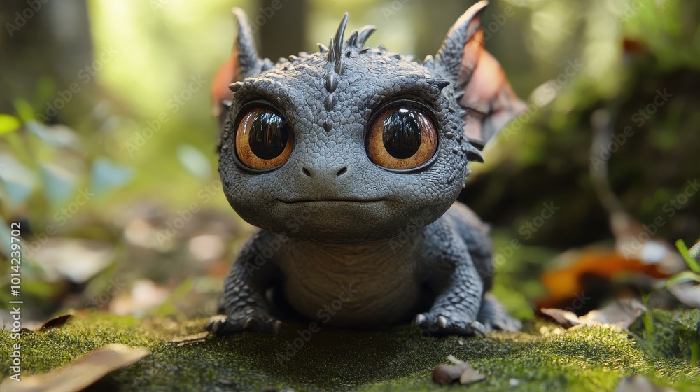 Super Cute Funny Small baby dragon with big eyes in the forest. Plaintive look. Fantasy monster.