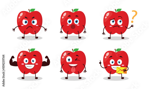 funny red apple cartoon with different expressions character vector illustration