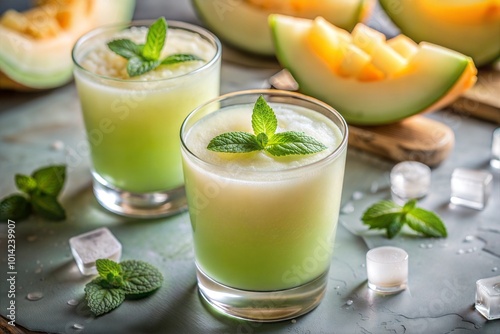 Two glasses of melon smoothie topped with mint and ice for summer