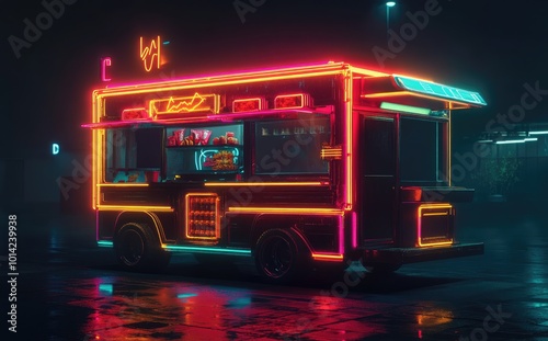 Wallpaper Mural A retro-style food truck with glowing neon lights, parked at night, reflects in a wet street. Torontodigital.ca