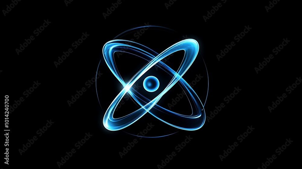 Abstract glowing blue atom symbol on a black background. Abstract glowing blue atom symbol on a black background.