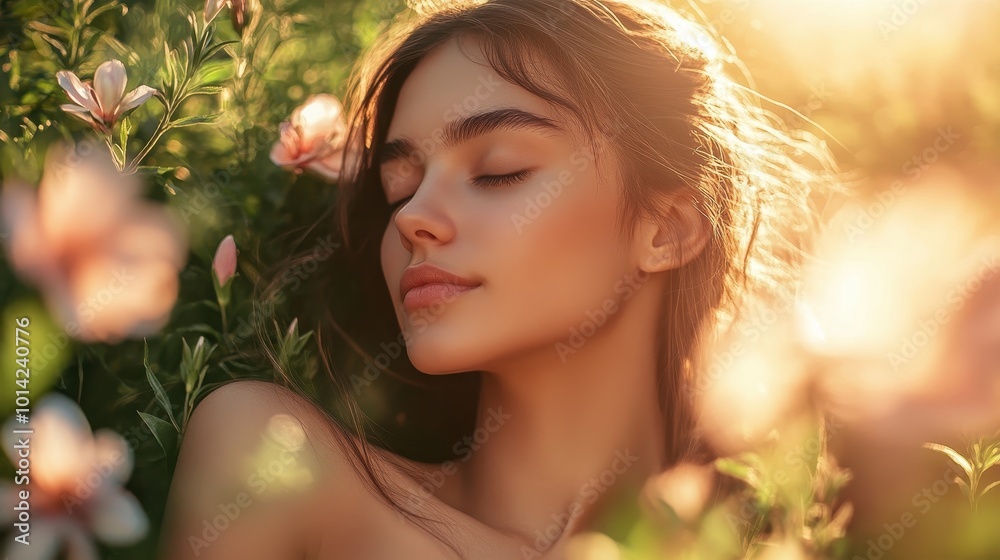 Young woman resting outdoors after workout, surrounded by greenery and flowers in bright sunlight Young woman resting outdoors after workout, surrounded by greenery and flowers in bright sunlight