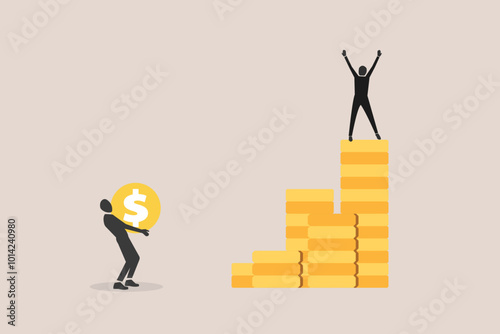 Man standing on coin on much more paid money coins and woman less small income coin. concept of pay gap, inequality between man and woman wage, salary or income, issue about gender diversification