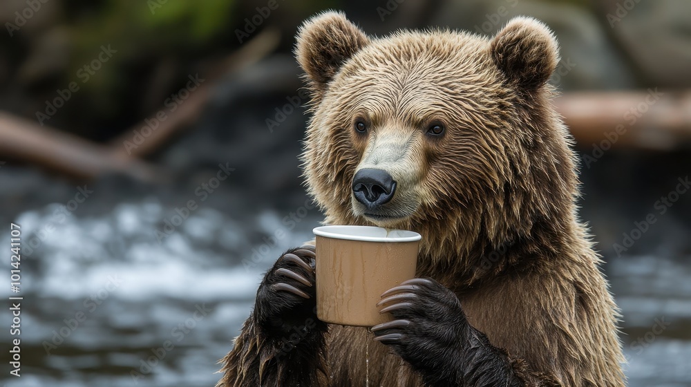 Fototapeta premium brown bear drinking coffee
