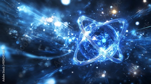 Abstract blue glowing atom-like structure with particle effect on dark background.