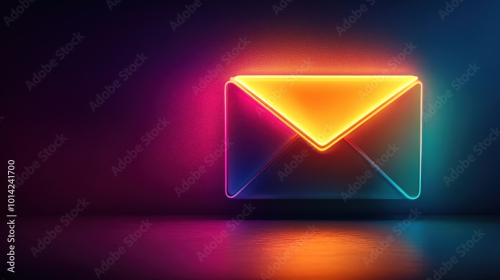 Neon envelope with shimmering colors on a dark background