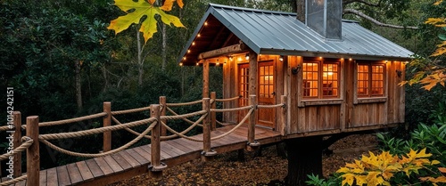 rustic wooden treehouse nestled among lush green foliage, connected by a sturdy rope bridge. The treehouse features a sloped metal roof and warm