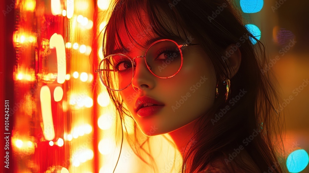 A young woman wearing glasses poses against vibrant city lights at night A young woman wearing glasses poses against vibrant city lights at night