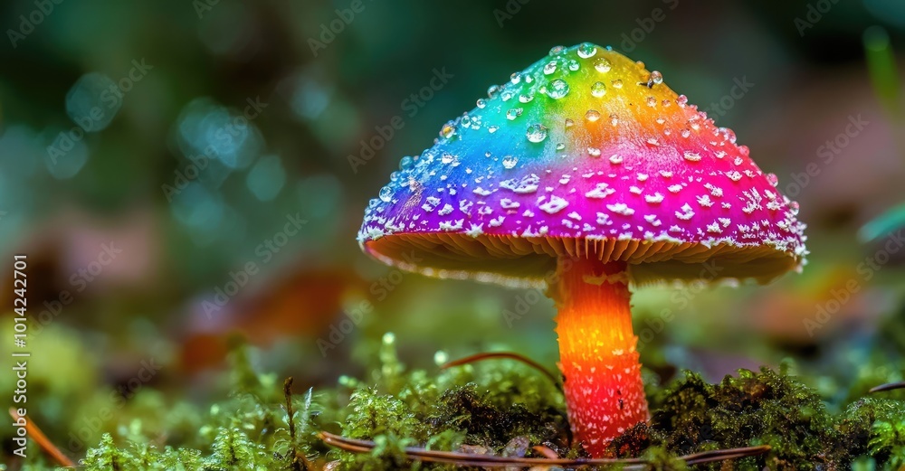 Fototapeta premium A vibrant, rainbow-colored mushroom with water droplets on its cap, set against a backdrop of green moss and foliage.