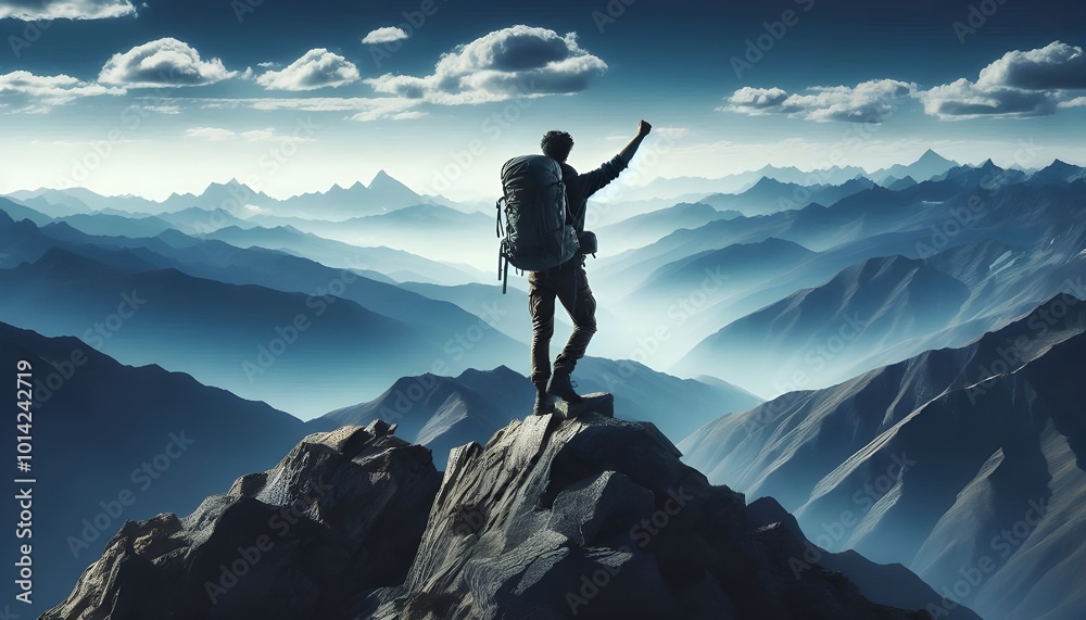 Traveler with backpack reaching the top of a mountain, cut out Traveler with backpack reaching the top of a mountain, cut out