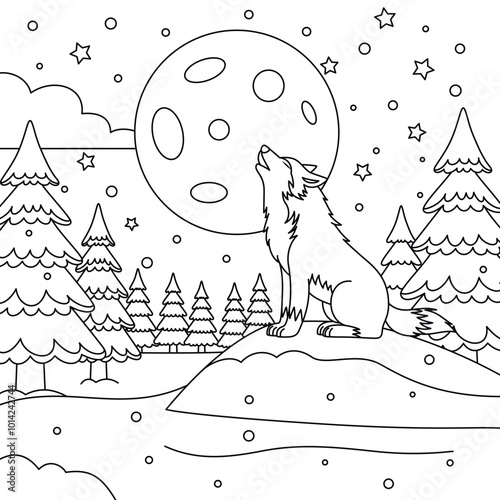 Wolf Howling Outline Coloring Page. Christmas and Winter Illustration