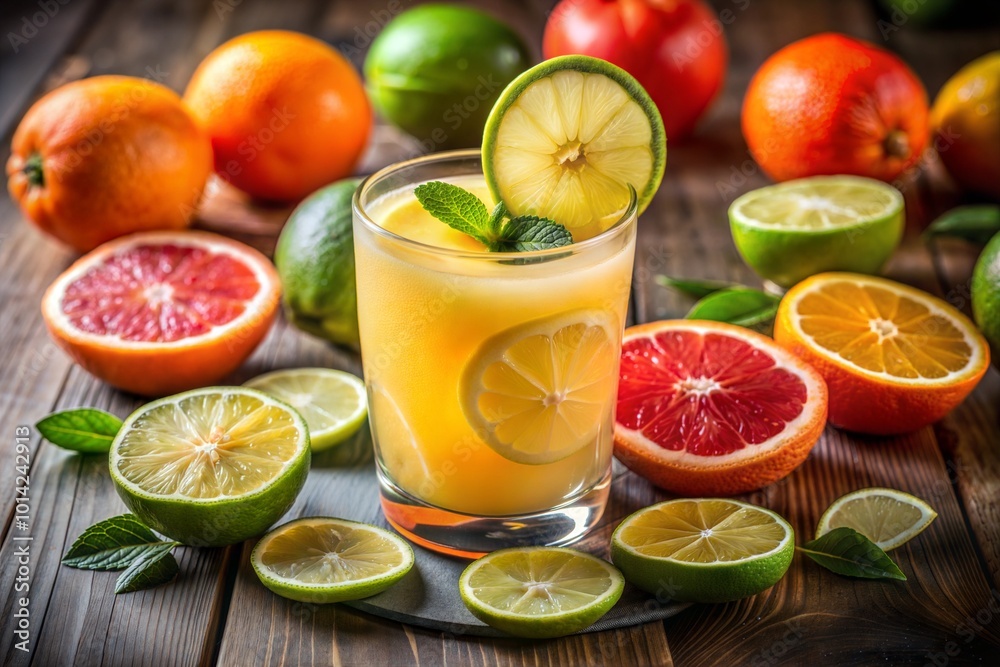Close-up of fresh citrus juice surrounded by citrus fruits on rustic table Close-up of fresh citrus juice surrounded by citrus fruits on rustic table
