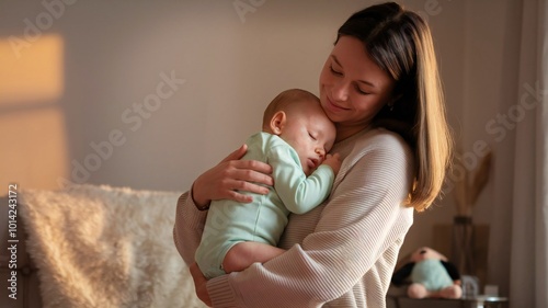 Loving mom carying of her newborn baby at home. Bright portrait of happy mum holding sleeping infant child on hands. Mother hugging her little 2 months old son