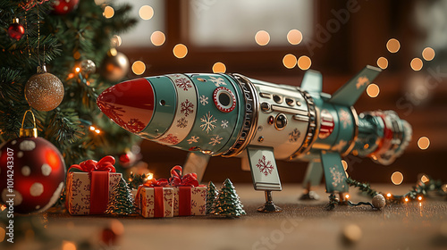 Toy rocket ship with festive holiday decorations