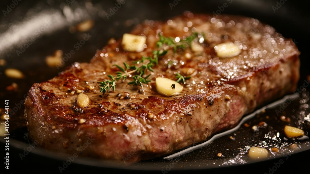 Juicy Steak Cooking in a Pan with Herbs and Garlic Juicy Steak Cooking in a Pan with Herbs and Garlic
