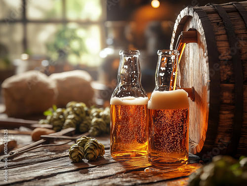 Freshly brewed beer flowing into glass bottles from a wooden cask