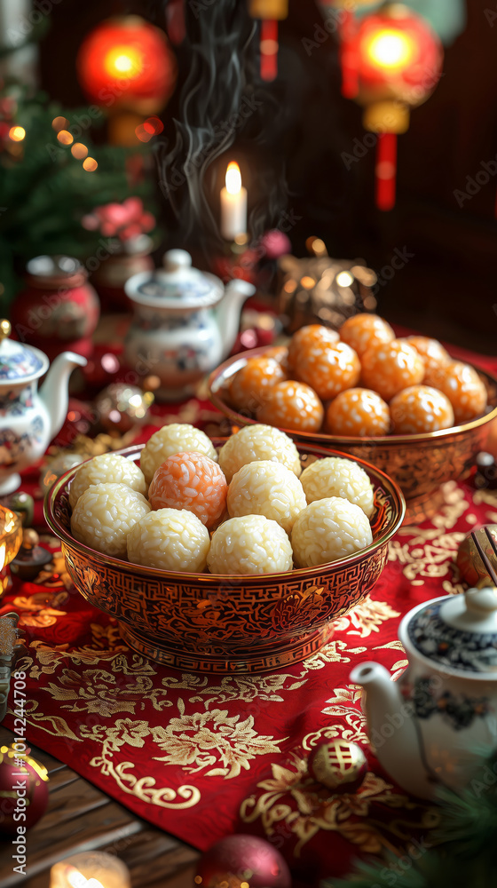 Tangyuan resting in ornate bowls on a red and gold silk cloth Tangyuan resting in ornate bowls on a red and gold silk cloth