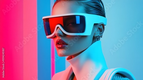 Fashionable female model in futuristic look. 