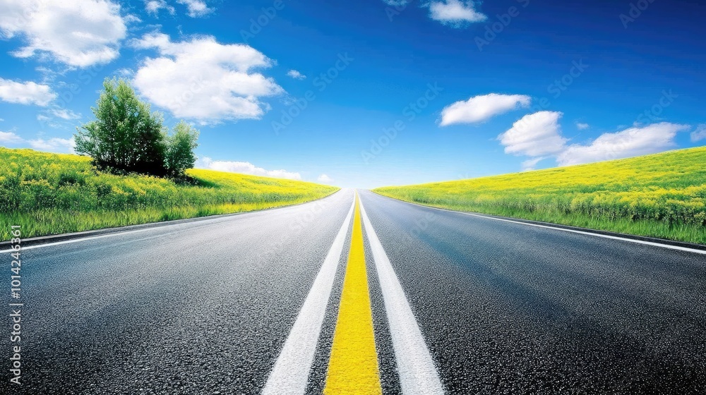 Fototapeta premium A scenic road cutting through a vibrant green forest, leading toward a distant horizon under a bright blue sky.