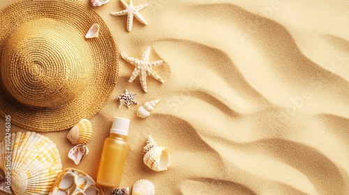 Beach items on golden sand background photo