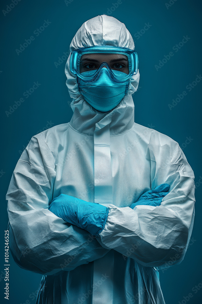A healthcare worker in full protective gear, including a mask, gloves, and goggles, stands with their arms crossed against a blue background. A healthcare worker in full protective gear, including a mask, gloves, and goggles, stands with their arms crossed against a blue background.