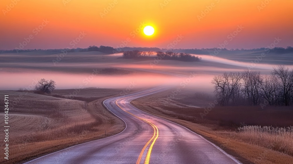 A scenic view of a country road at sunrise, with morning mist hanging over the fields and the sun just above the horizon A scenic view of a country road at sunrise, with morning mist hanging over the fields and the sun just above the horizon