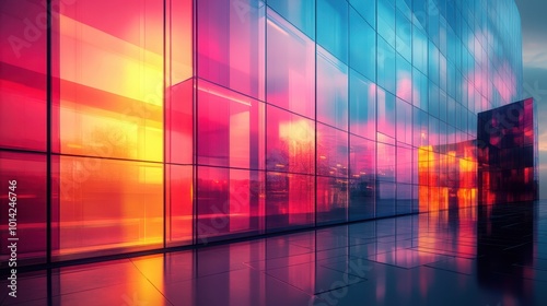 Modern building facade at dusk with vibrant lighting. Generative AI image