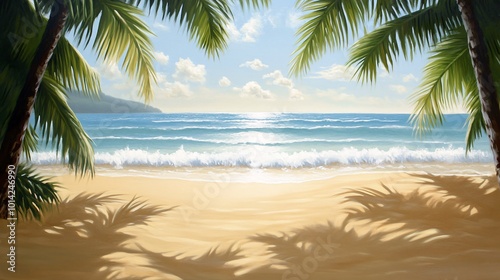 Beach scene with palm trees and ocean view