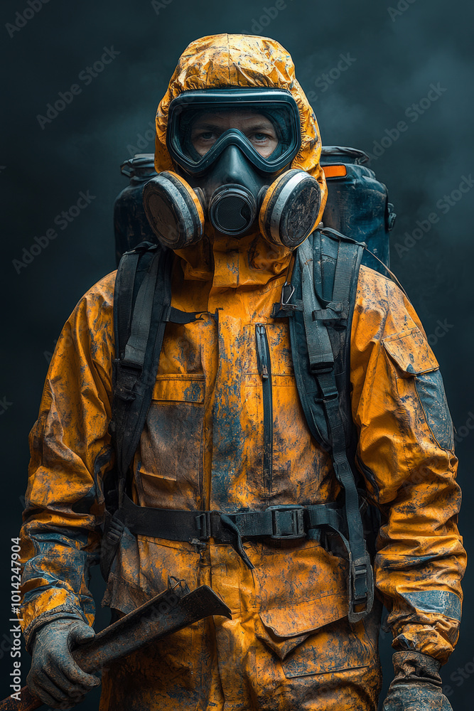 A person in a rugged yellow hazmat suit with a respirator stands ready, suggesting a hazardous environment or dangerous task. A person in a rugged yellow hazmat suit with a respirator stands ready, suggesting a hazardous environment or dangerous task.