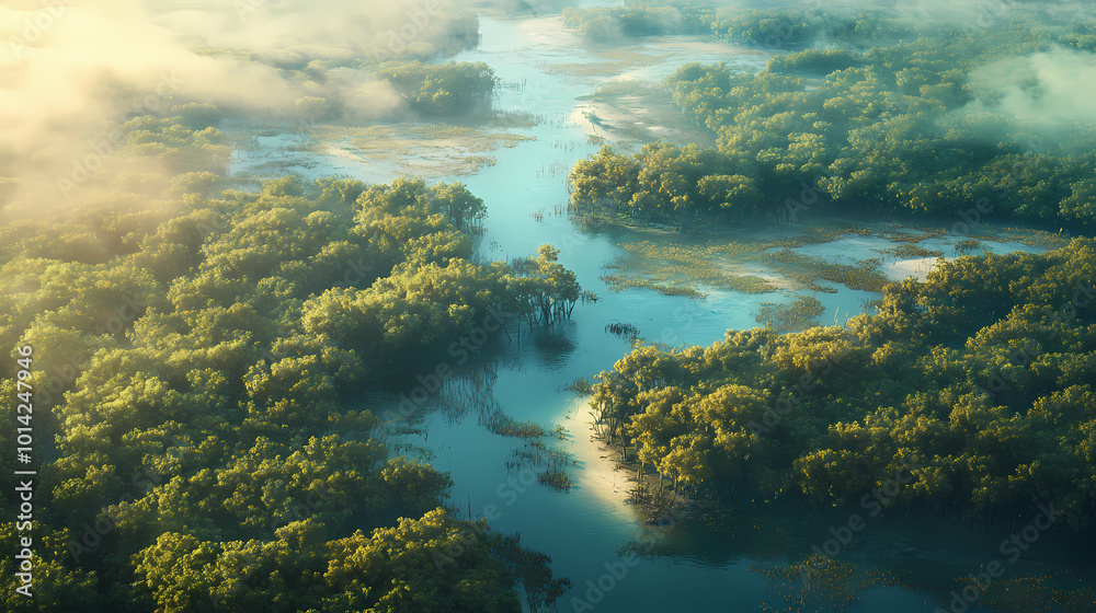 Aerial view of lush emerald mangrove forest serpentine waterways golden sandbars misty morning light vibrant ecosystem teeming with hidden wildlife. Hidden Waterway. Illustration Aerial view of lush emerald mangrove forest serpentine waterways golden sandbars misty morning light vibrant ecosystem teeming with hidden wildlife. Hidden Waterway. Illustration